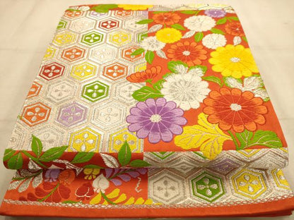 平和屋着物◎六通柄袋帯　唐織　格子花文　銀糸　正絹　逸品　AABA4695dt