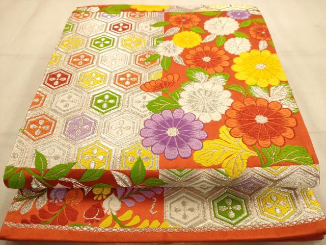 平和屋着物◎六通柄袋帯　唐織　格子花文　銀糸　正絹　逸品　AABA4695dt