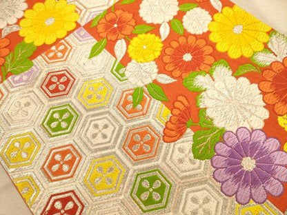 平和屋着物◎六通柄袋帯　唐織　格子花文　銀糸　正絹　逸品　AABA4695dt