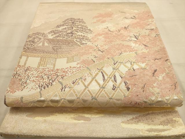 平和屋着物◎六通柄袋帯　唐織　風景文　金糸　正絹　逸品　AABA4696dt