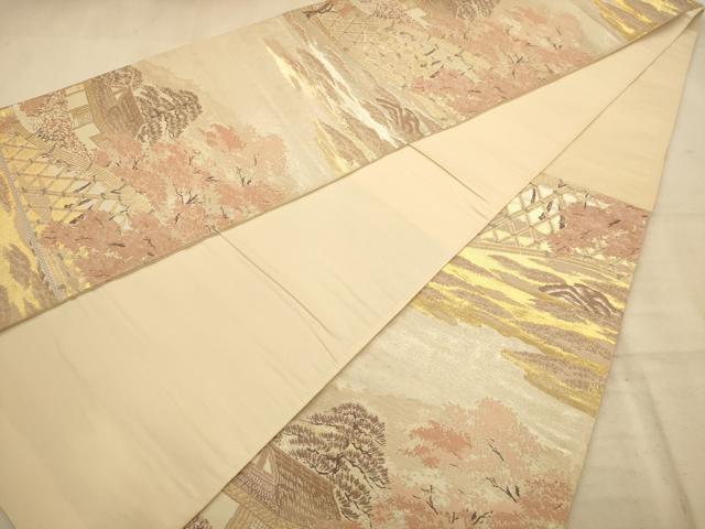 平和屋着物◎六通柄袋帯　唐織　風景文　金糸　正絹　逸品　AABA4696dt