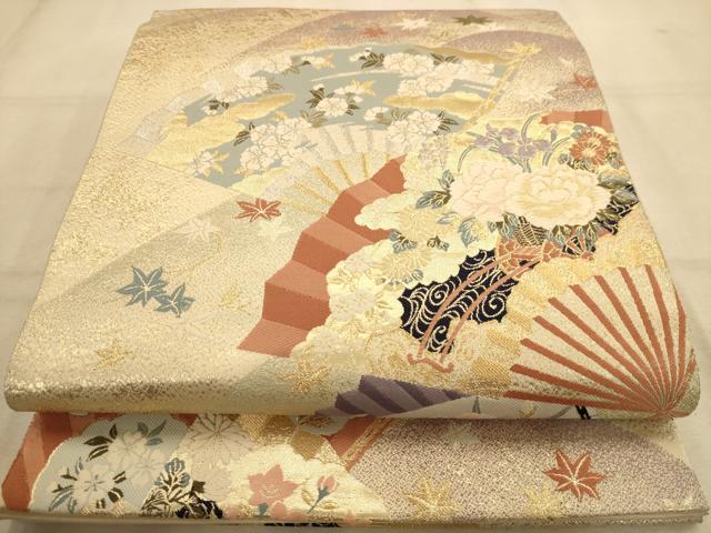 平和屋着物◎六通柄袋帯 唐織 扇面花文 金糸 正絹 逸品 AABA4700dt