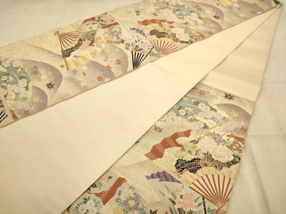 平和屋着物◎六通柄袋帯 唐織 扇面花文 金糸 正絹 逸品 AABA4700dt