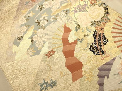 平和屋着物◎六通柄袋帯 唐織 扇面花文 金糸 正絹 逸品 AABA4700dt