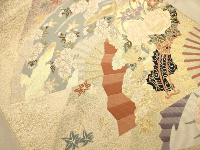 平和屋着物◎六通柄袋帯 唐織 扇面花文 金糸 正絹 逸品 AABA4700dt