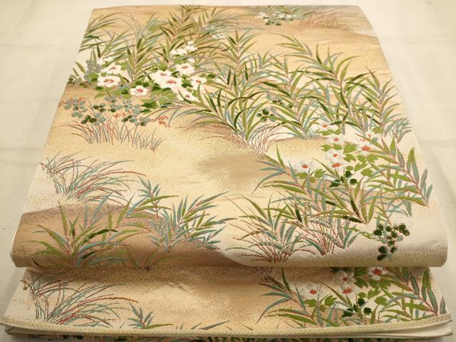 平和屋着物◎六通柄袋帯 唐織 遠山草木文 金糸 正絹 逸品 AABA4705dt