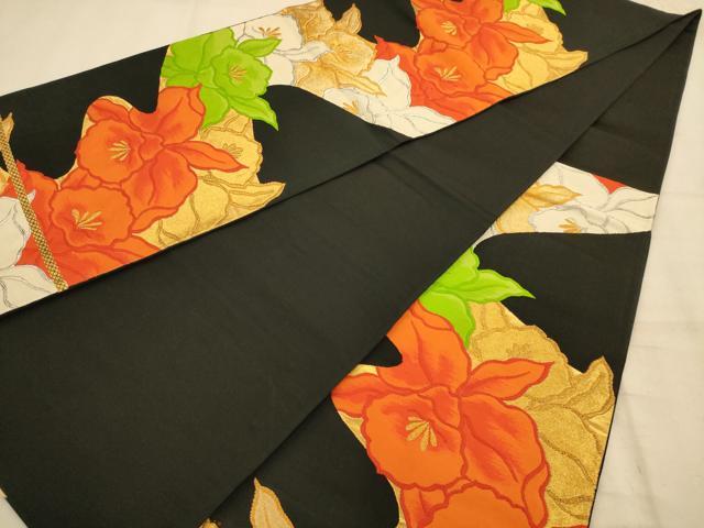 平和屋着物◎六通柄袋帯 唐織 草花文 黒地 金銀糸 正絹 逸品 AABA4712dt