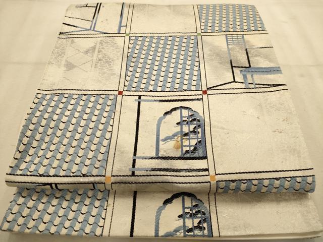 平和屋着物◎六通柄袋帯 唐織 格子風景文 金銀糸 正絹 逸品 AABA4729dt