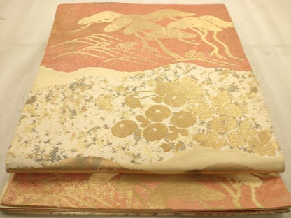 平和屋着物◎西陣　服部織物謹製　六通柄袋帯　道長花文　こはく錦　金糸　正絹　逸品　AABA4735dt