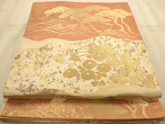 平和屋着物◎西陣　服部織物謹製　六通柄袋帯　道長花文　こはく錦　金糸　正絹　逸品　AABA4735dt