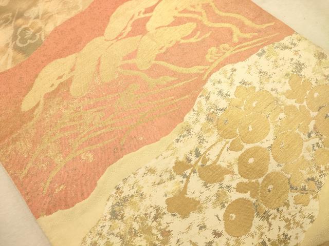 平和屋着物◎西陣　服部織物謹製　六通柄袋帯　道長花文　こはく錦　金糸　正絹　逸品　AABA4735dt