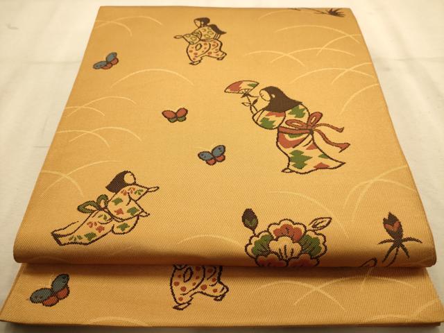 平和屋着物◎六通柄袋帯　人物更紗花文　金糸　正絹　逸品　AABA4736dt
