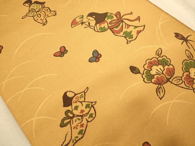 平和屋着物◎六通柄袋帯　人物更紗花文　金糸　正絹　逸品　AABA4736dt