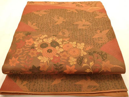 平和屋着物◎山喜織物謹製　萬葉　紹巴　全通柄袋帯　花鳥文　正絹　逸品　AABA4753dt