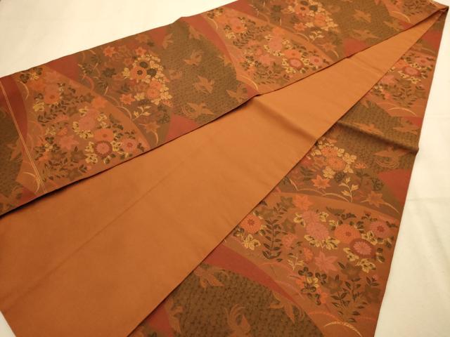 平和屋着物◎山喜織物謹製　萬葉　紹巴　全通柄袋帯　花鳥文　正絹　逸品　AABA4753dt