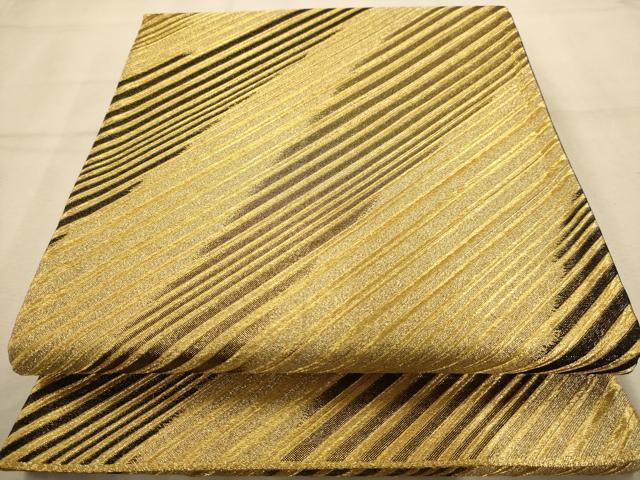 平和屋着物◎六通柄袋帯　斜縞　金糸　正絹　逸品　AABA4767dt