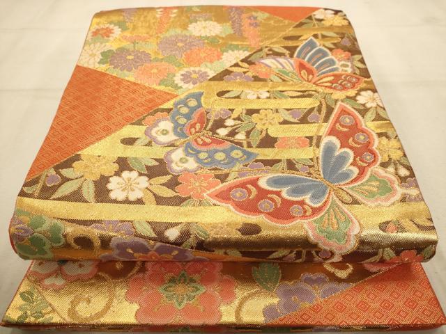 平和屋着物◎佐賀錦　六通柄袋帯　花鳥文　金糸　正絹　逸品　AABA4769dt