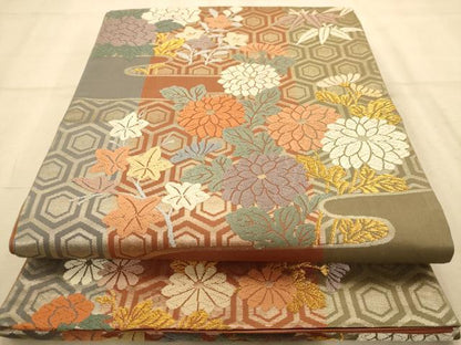 平和屋着物◎六通柄袋帯　唐織　草花文　金糸　正絹　逸品　AABA4791dt
