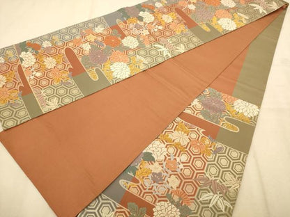 平和屋着物◎六通柄袋帯　唐織　草花文　金糸　正絹　逸品　AABA4791dt