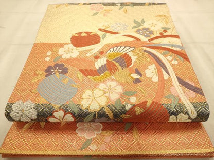 平和屋着物◎佐賀錦　六通柄袋帯　唐織　糸巻鳳凰花文　金銀糸　正絹　逸品　AABA4792dt