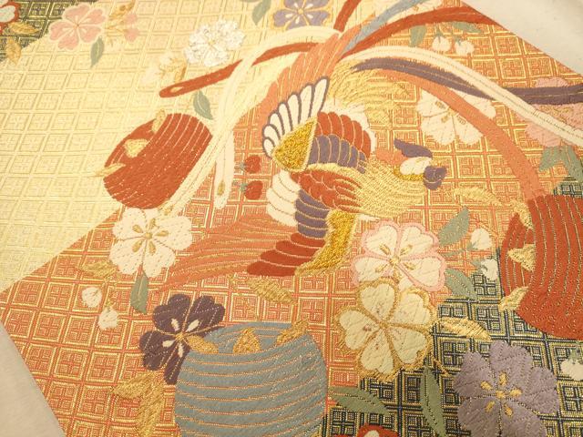 平和屋着物◎佐賀錦　六通柄袋帯　唐織　糸巻鳳凰花文　金銀糸　正絹　逸品　AABA4792dt