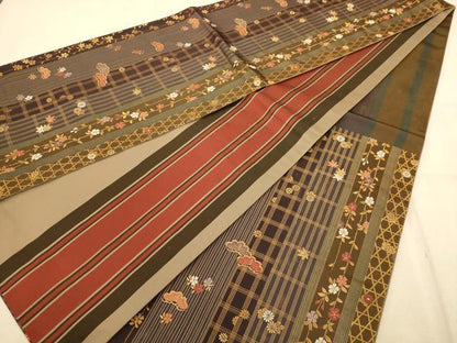 平和屋着物◎両面　六通柄袋帯　松花文　金糸　正絹　逸品　AABA4795dt
