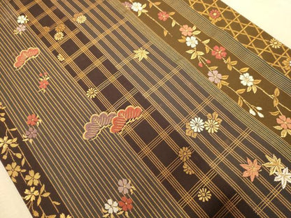 平和屋着物◎両面　六通柄袋帯　松花文　金糸　正絹　逸品　AABA4795dt