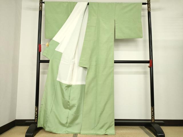 平和屋着物●上質な紬　色無地　苗色　正絹　逸品　AABA4810ck