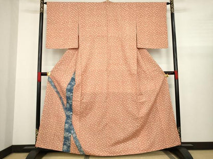 平和屋着物●訪問着　紬地　藍　型染め　吉祥花文　正絹　逸品　AABA4811ck