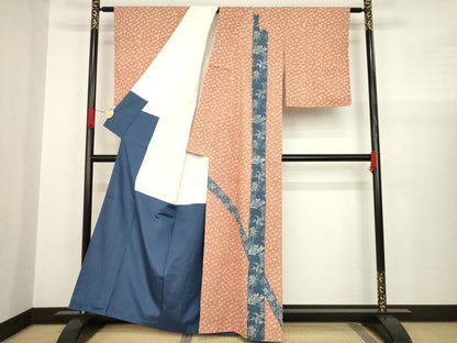平和屋着物●訪問着　紬地　藍　型染め　吉祥花文　正絹　逸品　AABA4811ck