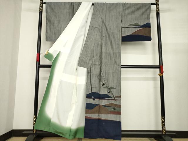 平和屋着物●紬 訪問着 遠山飛鳥文 正絹 逸品 AABA4861ck