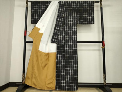 平和屋着物●上質な紬 井桁 正絹 逸品 AABA4862ck
