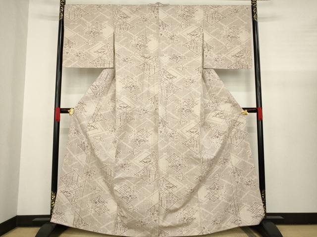 平和屋着物●本場結城紬　重要無形文化財　100亀甲　菱取り風景文　正絹　逸品　AABA4868ck