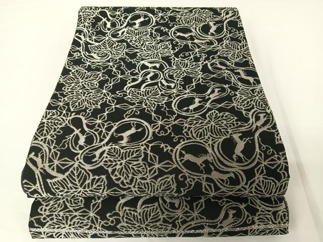 平和屋着物●人間国宝 南部芳松 突彫り 全通柄袋帯 創作絵図 瓢箪に馬 黒地 銀糸 正絹 逸品 AABA4959np