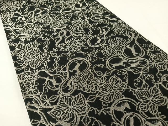 平和屋着物●人間国宝 南部芳松 突彫り 全通柄袋帯 創作絵図 瓢箪に馬 黒地 銀糸 正絹 逸品 AABA4959np