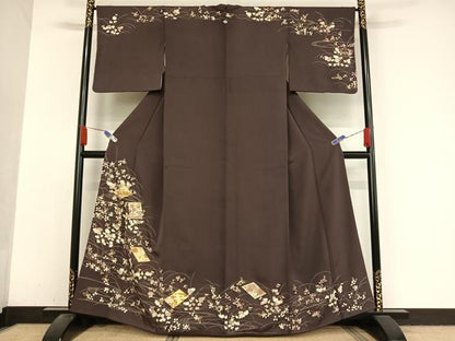 平和屋着物●銀座きしや　訪問着　駒刺繍　色紙草花文　滅紫色　金糸　金彩　正絹　逸品　AABA4996np