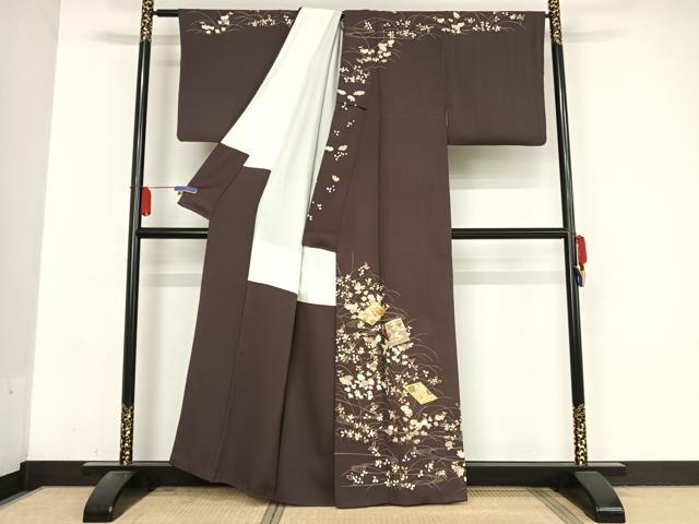 平和屋着物●銀座きしや　訪問着　駒刺繍　色紙草花文　滅紫色　金糸　金彩　正絹　逸品　AABA4996np