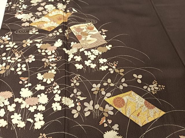 平和屋着物●銀座きしや　訪問着　駒刺繍　色紙草花文　滅紫色　金糸　金彩　正絹　逸品　AABA4996np