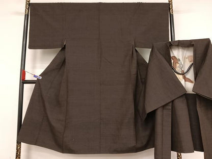 平和屋着物●男性 紬 アンサンブル 色無地 赤墨色 正絹 逸品 AABA5024np