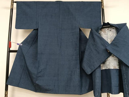 平和屋着物●男性 紬 アンサンブル 色無地 留紺色 正絹 逸品 AABA5026np
