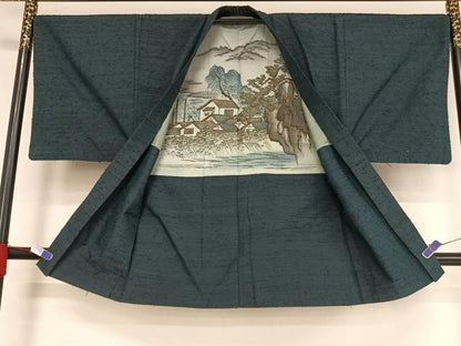 平和屋着物●男性　紬　アンサンブル　羽織：ひげ紬　留紺色　正絹　逸品　AABA5030np