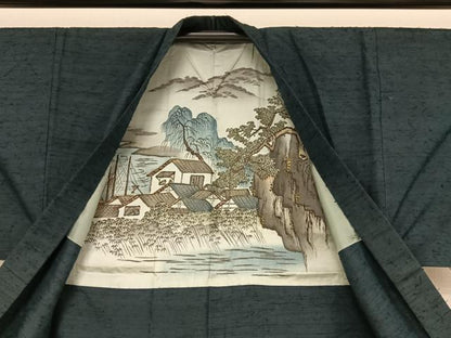 平和屋着物●男性　紬　アンサンブル　羽織：ひげ紬　留紺色　正絹　逸品　AABA5030np