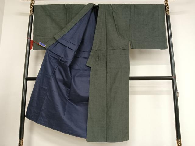 平和屋着物●男性　紬　アンサンブル　色無地　藍墨茶色　正絹　逸品　AABA5033np
