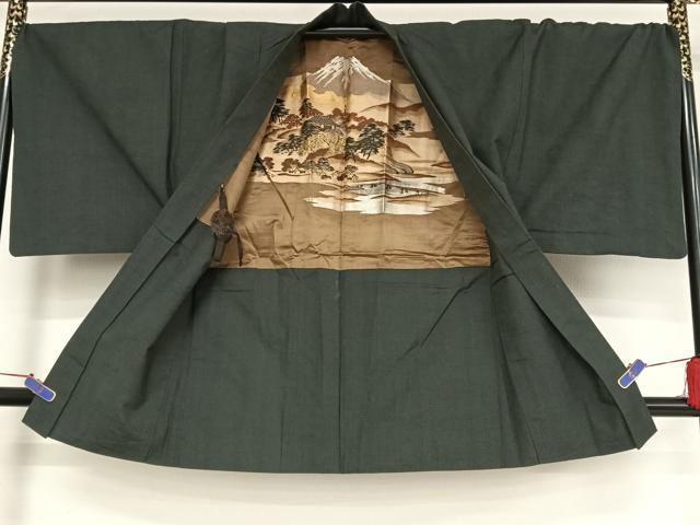 平和屋着物●男性　紬　アンサンブル　色無地　藍墨茶色　正絹　逸品　AABA5033np