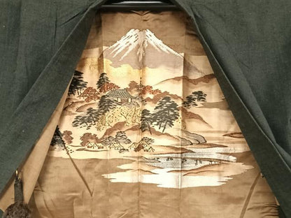 平和屋着物●男性　紬　アンサンブル　色無地　藍墨茶色　正絹　逸品　AABA5033np