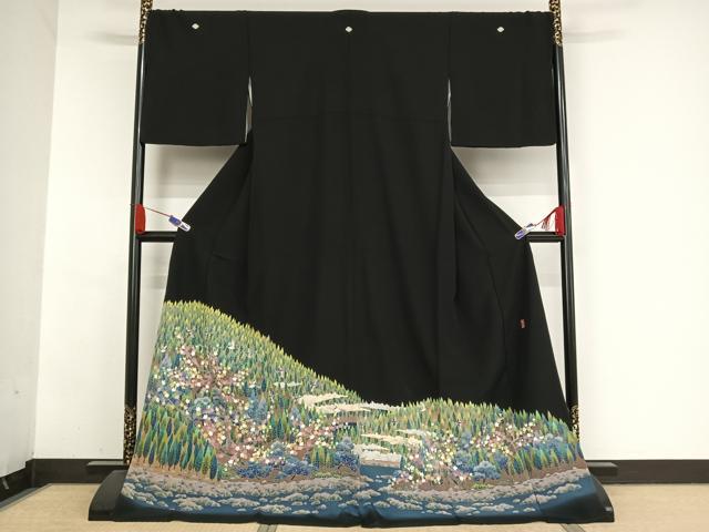 平和屋着物●本加賀友禅作家 高野富夫 黒留袖 樹林風景飛鳥文 ロング丈 正絹 逸品 AABA5058np
