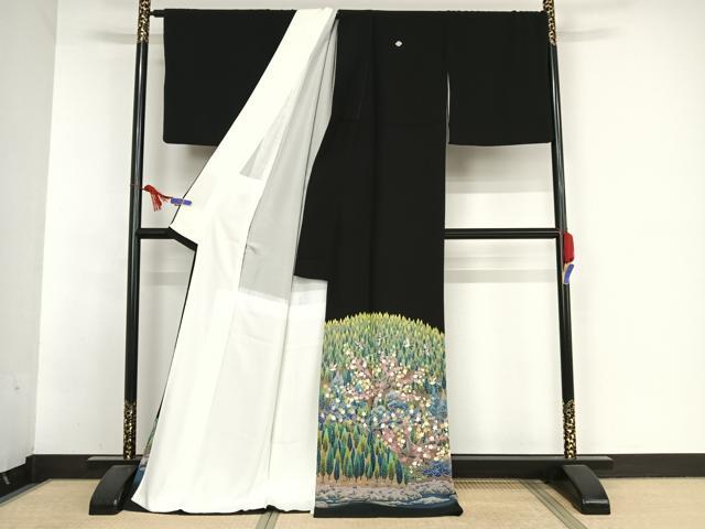 平和屋着物●本加賀友禅作家 高野富夫 黒留袖 樹林風景飛鳥文 ロング丈 正絹 逸品 AABA5058np