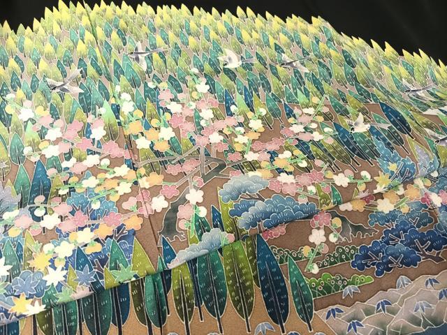 平和屋着物●本加賀友禅作家 高野富夫 黒留袖 樹林風景飛鳥文 ロング丈 正絹 逸品 AABA5058np