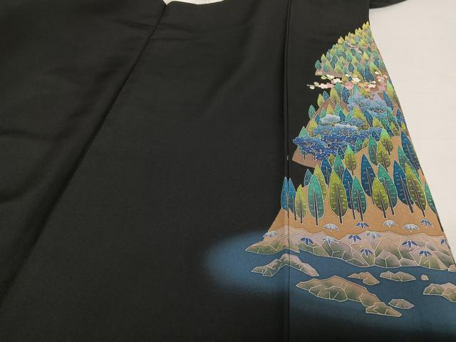 平和屋着物●本加賀友禅作家 高野富夫 黒留袖 樹林風景飛鳥文 ロング丈 正絹 逸品 AABA5058np
