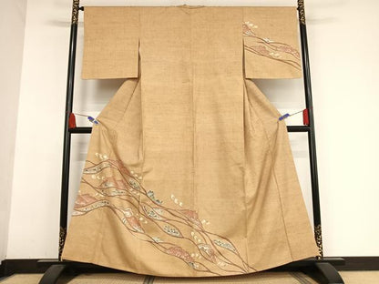 平和屋着物●訪問着 紬地 型染め 風景文 正絹 逸品 AABA5066np